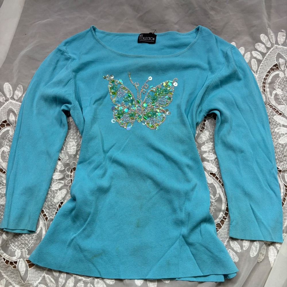 Vintage Fairy Blue Butterfly Sequin Ribbed Knit 3/4 Sleeve Sweater Top